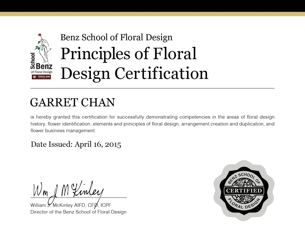 Benz School of Floral Design Principles of Floral Design Certification